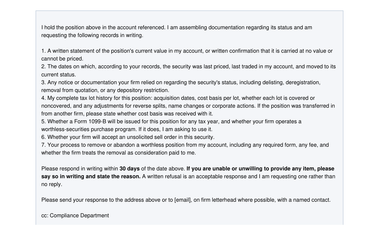 Excerpt from the broker letter template listing seven named record requests, a 30-day deadline and a copy to Compliance