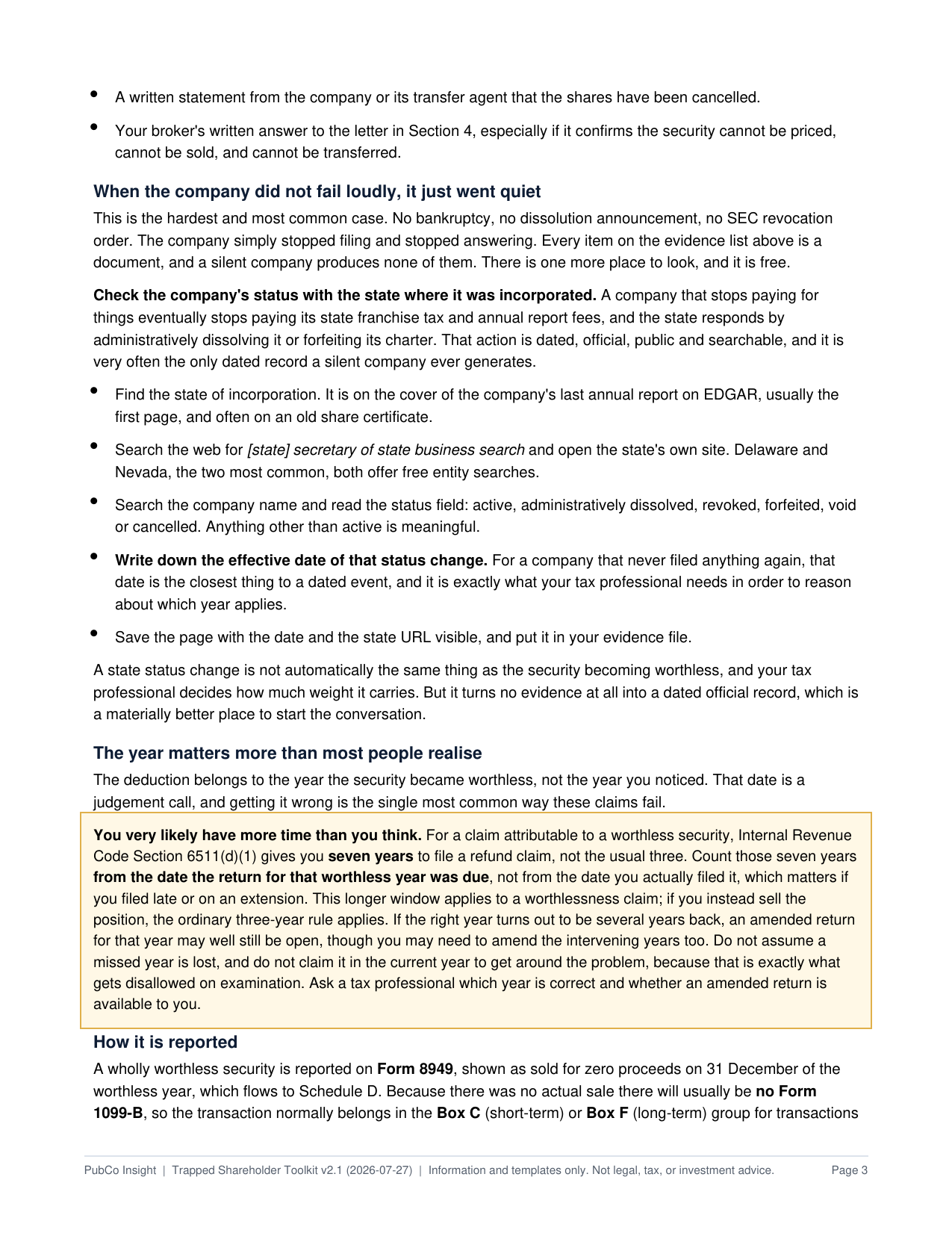 Page 3 of the Trapped Shareholder Toolkit, showing how to check a company's state incorporation status and the seven-year refund window